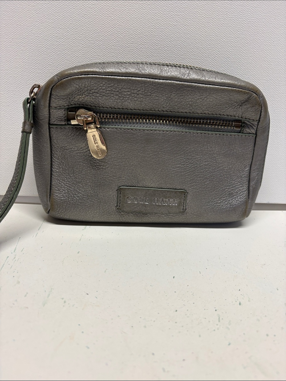 Cole Haan Metallic Gray Leather Wristlet with Gold Hardware